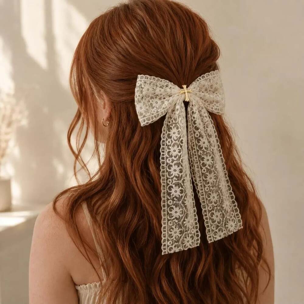 White Lace Hair Bow Cross Charm Coquette Romantic Hair Accessory